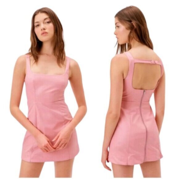 For Love & Lemons Talia Pink Faux Leather Open Back A-Line Mini Dress - Picture 3 of 16